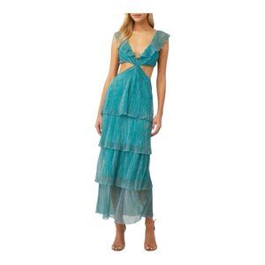 Saylor Newton Dress XS Midi Jade Metallic Print V-Neck Tiered Pleated Side Zip
